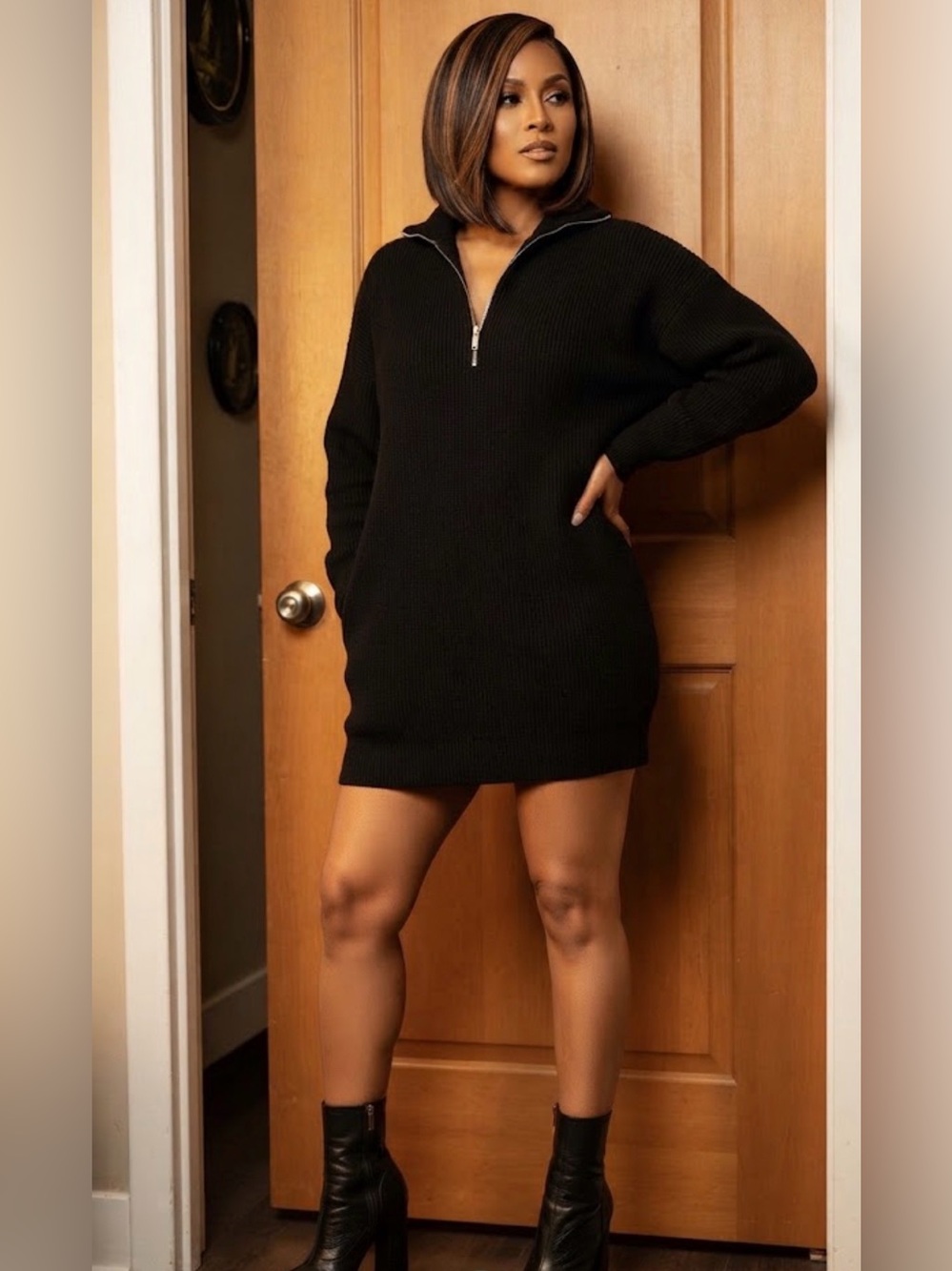 Black Half-Zip Mock Neck Sweater Dress